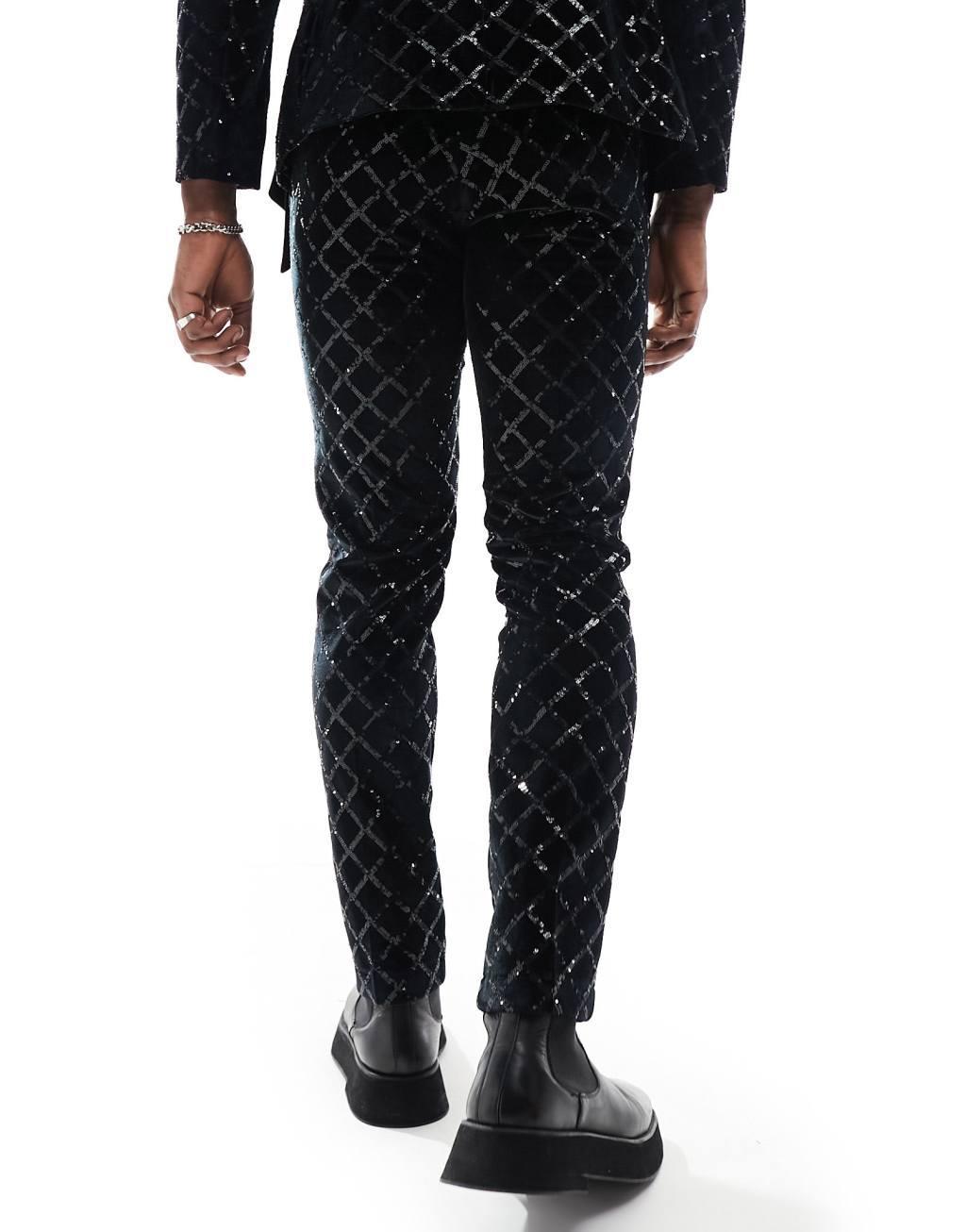ASOS DESIGN skinny diamond sequin suit pants in black Product Image