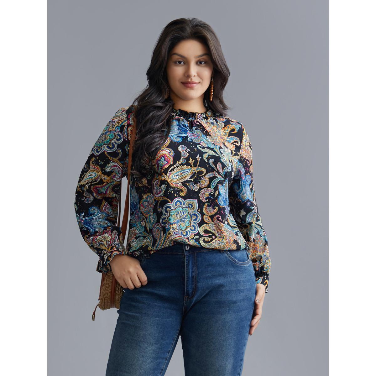 Plus Size Indigo Stand Collar Paisley Shirred Blouse Women Resort Long Sleeve Stand-up collar Vacation Blouses BloomChic 28/5X Product Image