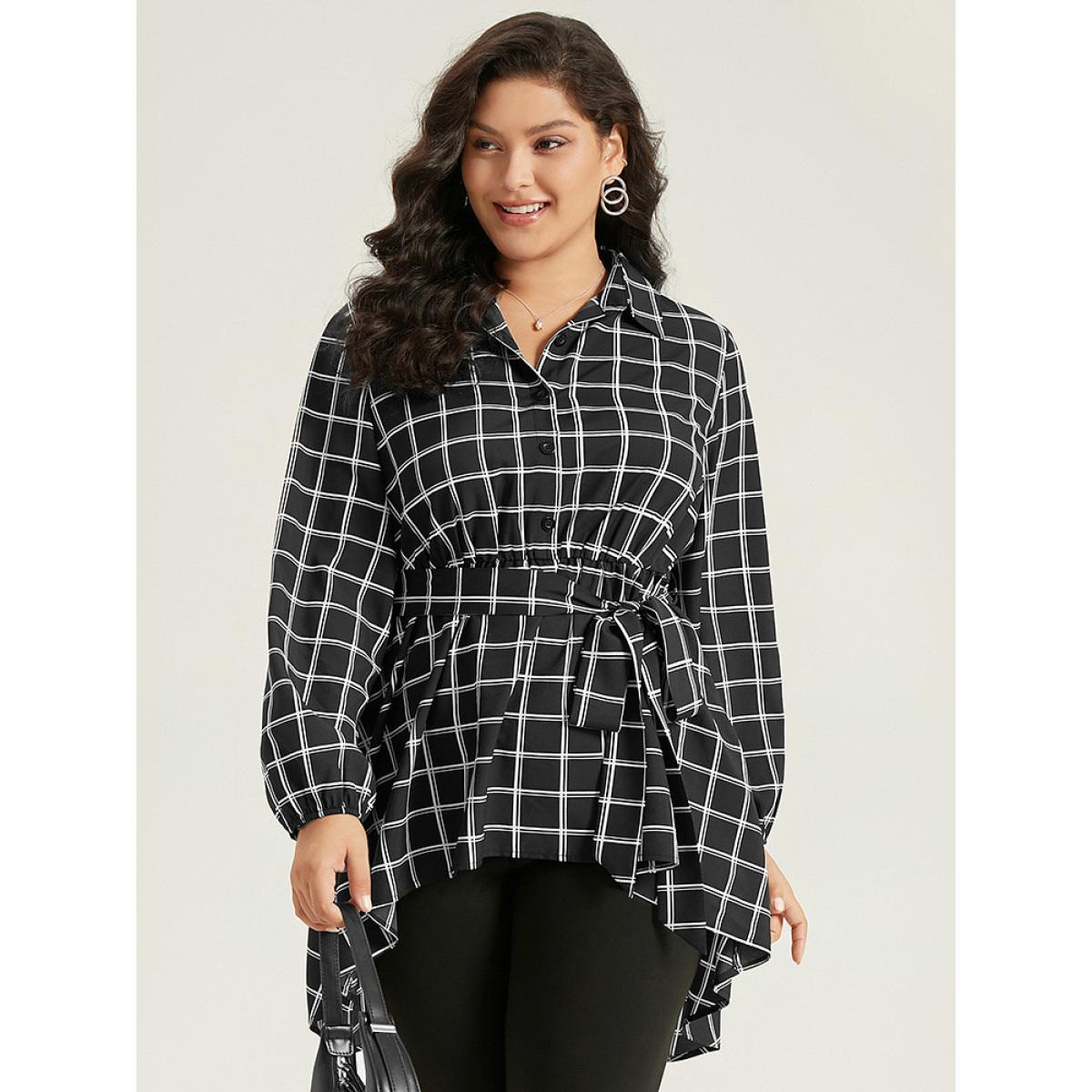 Plus Size Black Plaid Button Up Belted High Low Hem Blouse Women Office Long Sleeve Shirt collar Work Blouses BloomChic 18-20/2X Product Image