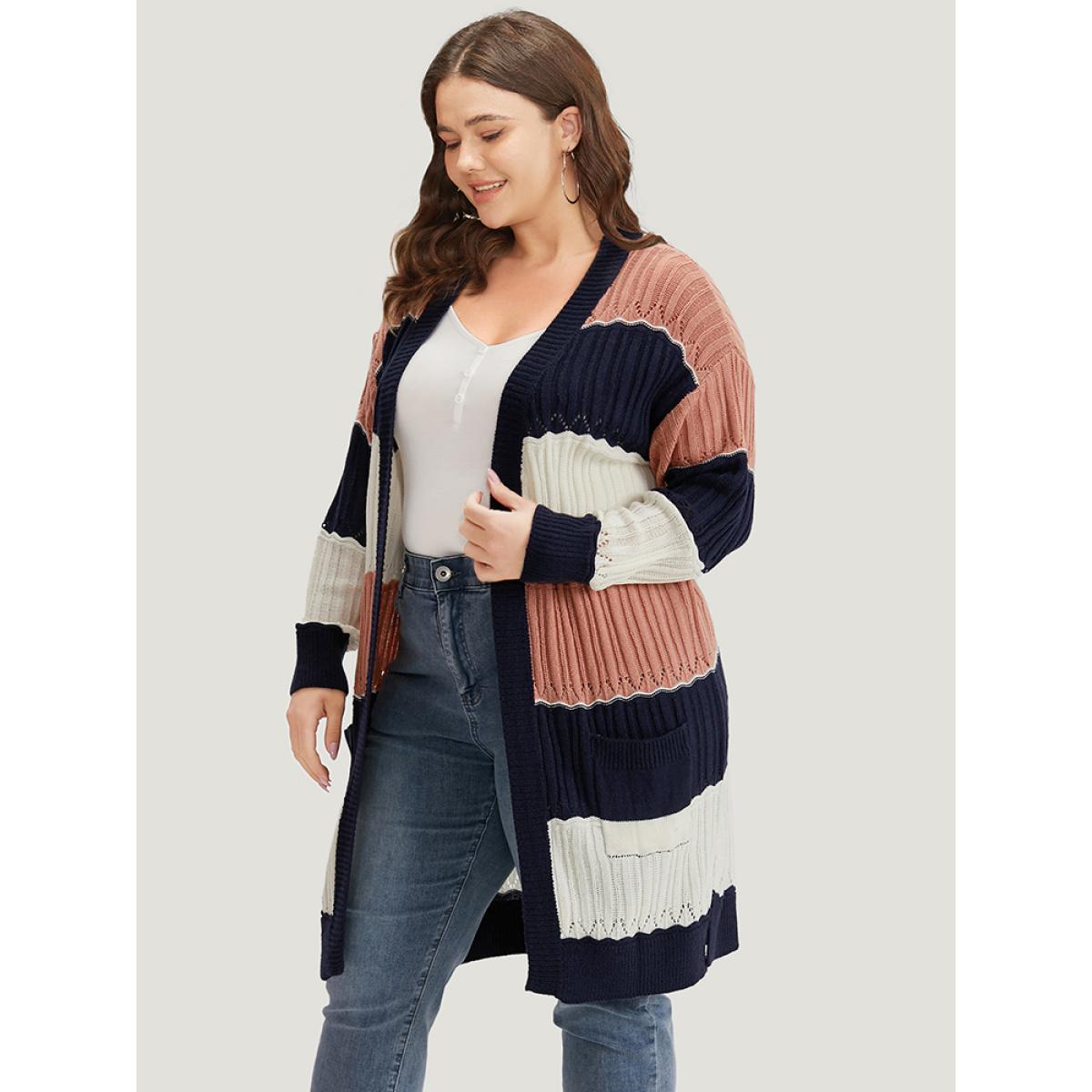 Plus Size Colorblock Contrast Eyelet Open Front Cardigan Multicolor Women Casual Loose Long Sleeve Dailywear Cardigans BloomChic 30/6X Product Image