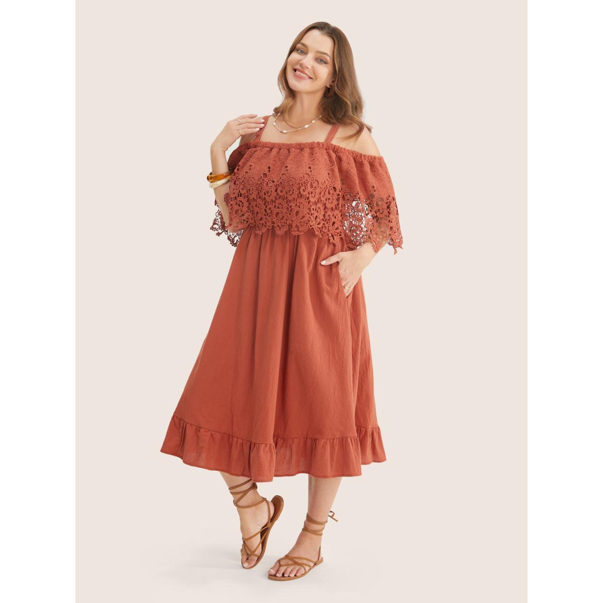 Plus Size Solid Cold Shoulder Contrast Lace Pocket Ruffle Hem Dress Chocolate Women Resort Broderie anglaise Non Short sleeve Curvy Midi Dress BloomChic 10/M Product Image