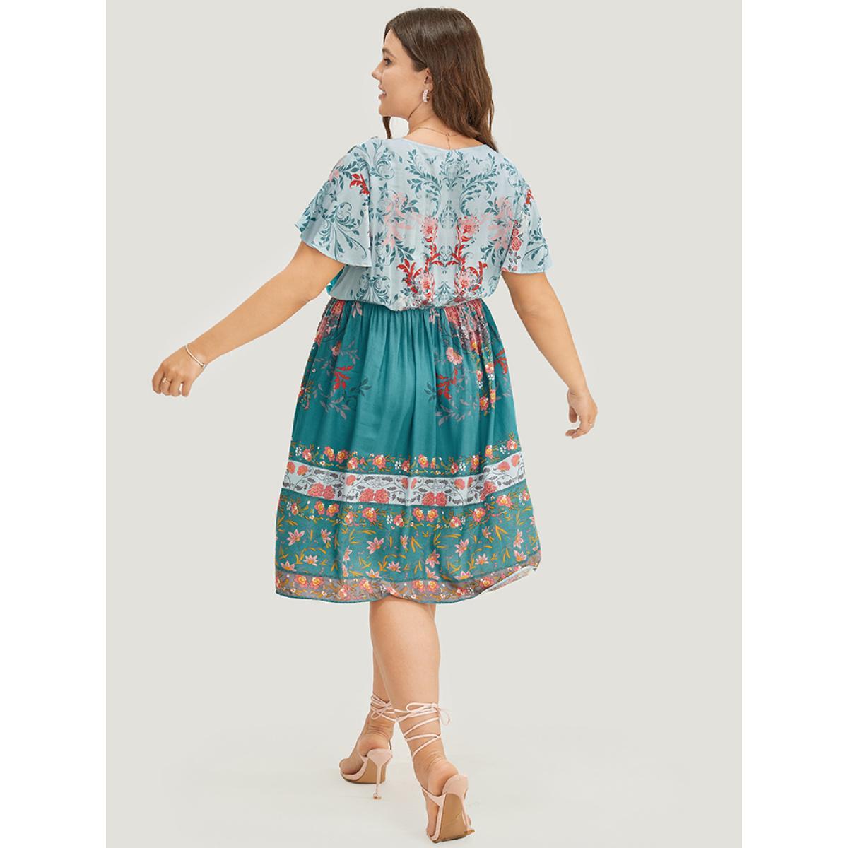 Plus Size Bandana Print Ruffle Sleeve Pocket Tie Neck Tassels Dress Emerald Women Vacation Tassels Tie Neck Short sleeve Curvy Knee Dress BloomChic 12/L Product Image