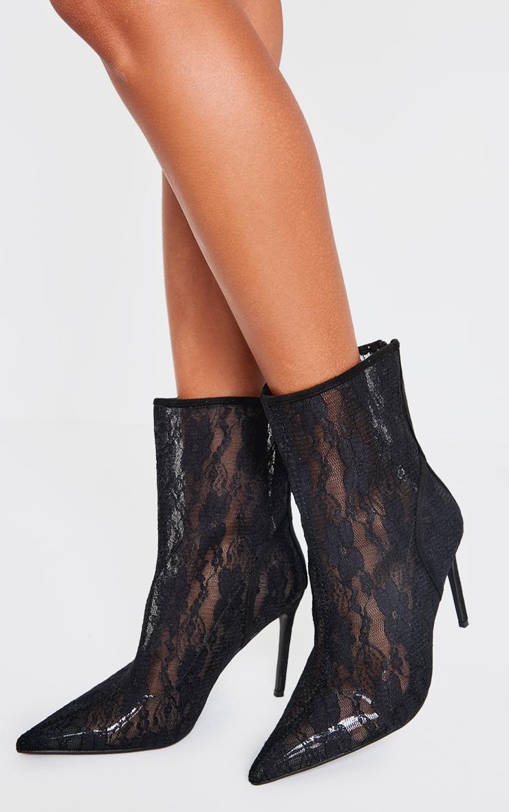 Black Lace Wide Fit Point Toe Stiletto Heel Ankle Boot Product Image