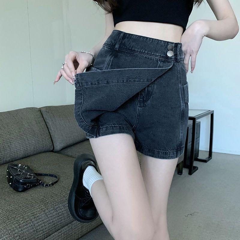 High Waist Washed Denim Skort / Belt / Set Product Image