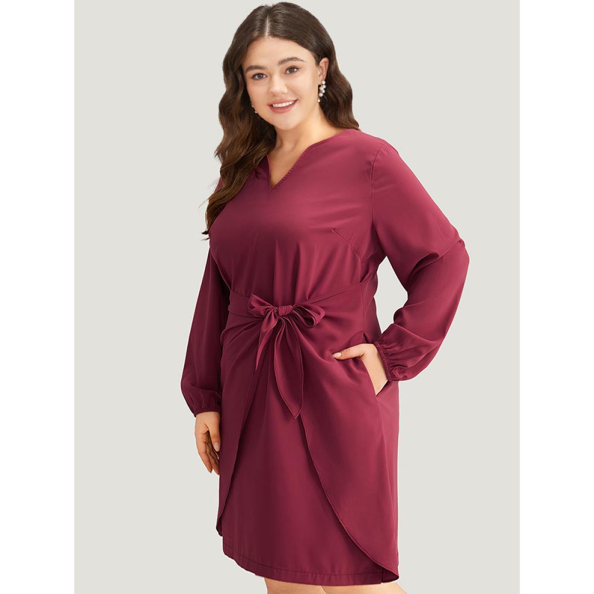 Plus Size Anti-Wrinkle Solid Ties Lantern Sleeve Dress Scarlet Women Office Elastic cuffs Notched collar Long Sleeve Curvy Knee Dress BloomChic 28/5X Product Image