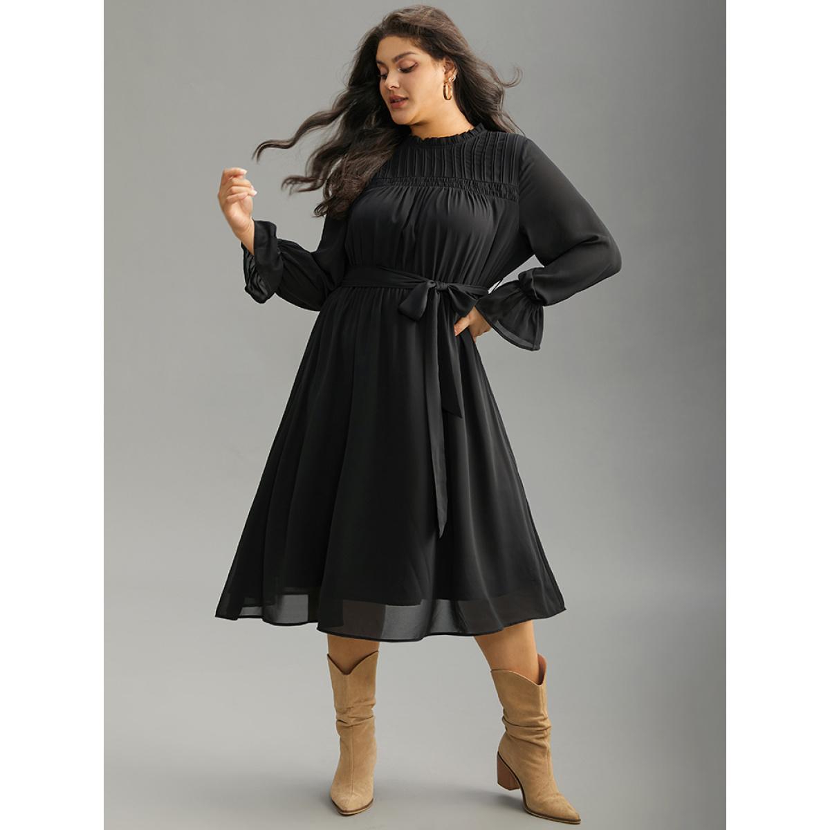 Plus Size Plain Pleated Stand Collar Shirred Ruffles Dress Black Women Office Plain Stand-up collar Long Sleeve Curvy Midi Dress BloomChic 18-20/2X Product Image