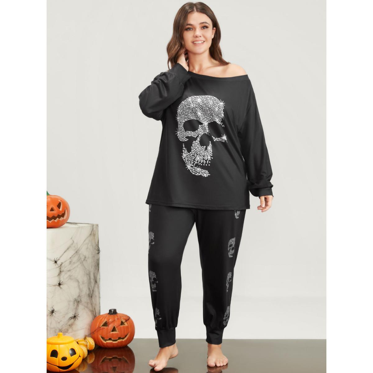 Plus Size Halloween Skull Print One Shoulder Pajama Set Women DimGray Skull Print Printed Long Sleeve One Shoulder Casual Loungewear Sets BloomChic 30/6X Product Image