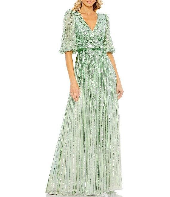 Mac Duggal Sequin Surplice V-Neck 3/4 Sleeve Embellished A-Line Gown Product Image