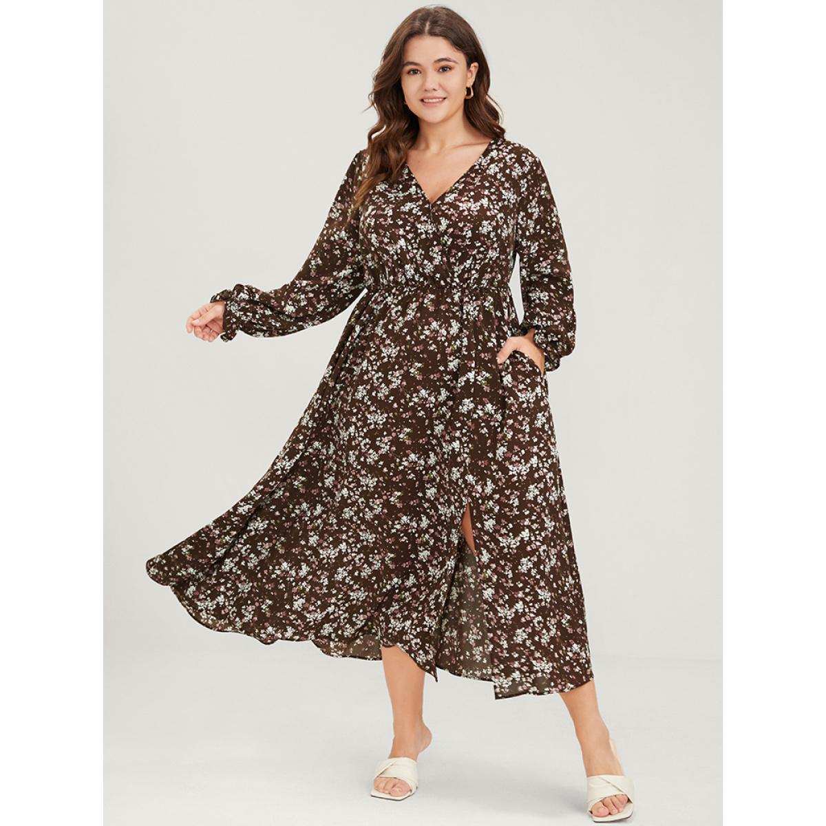 Plus Size Floral Split Pocket Lantern Sleeve Wrap Flutter Midi Dress DarkBrown Women Elegant Elastic Waist V-neck Long Sleeve Curvy Midi Dress BloomChic 14-16/1X Product Image