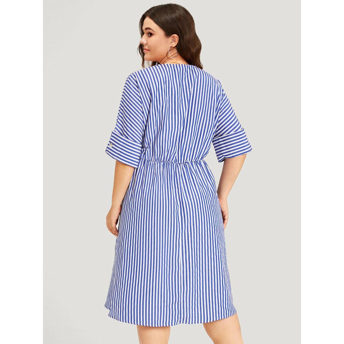 Plus Size V Neck Striped Pocket Ruffle Hem Button Detail Dress Blue Women Elegant Texture V-neck Half Sleeve Curvy Midi Dress BloomChic 14-16/1X Product Image