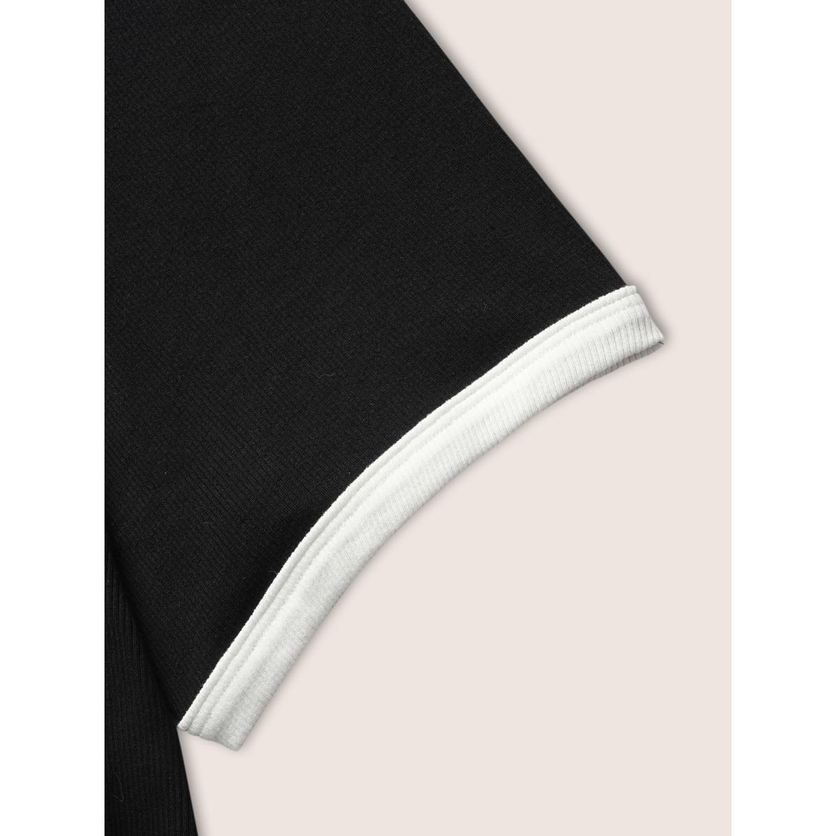 Plus Size Asymmetrical Neck Contrast Trim Pit Strip T-shirt Black Women Elegant Contrast Asymmetrical Neck Bodycon Everyday T-shirts BloomChic 30/6X Product Image