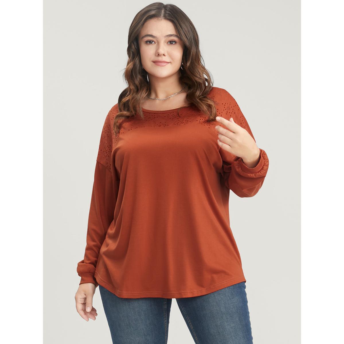 Plus Size Solid Round Neck Eyelet Insert Long Tee Rust Women Casual Patchwork Plain Round Neck Dailywear T-shirts BloomChic 26/4X Product Image