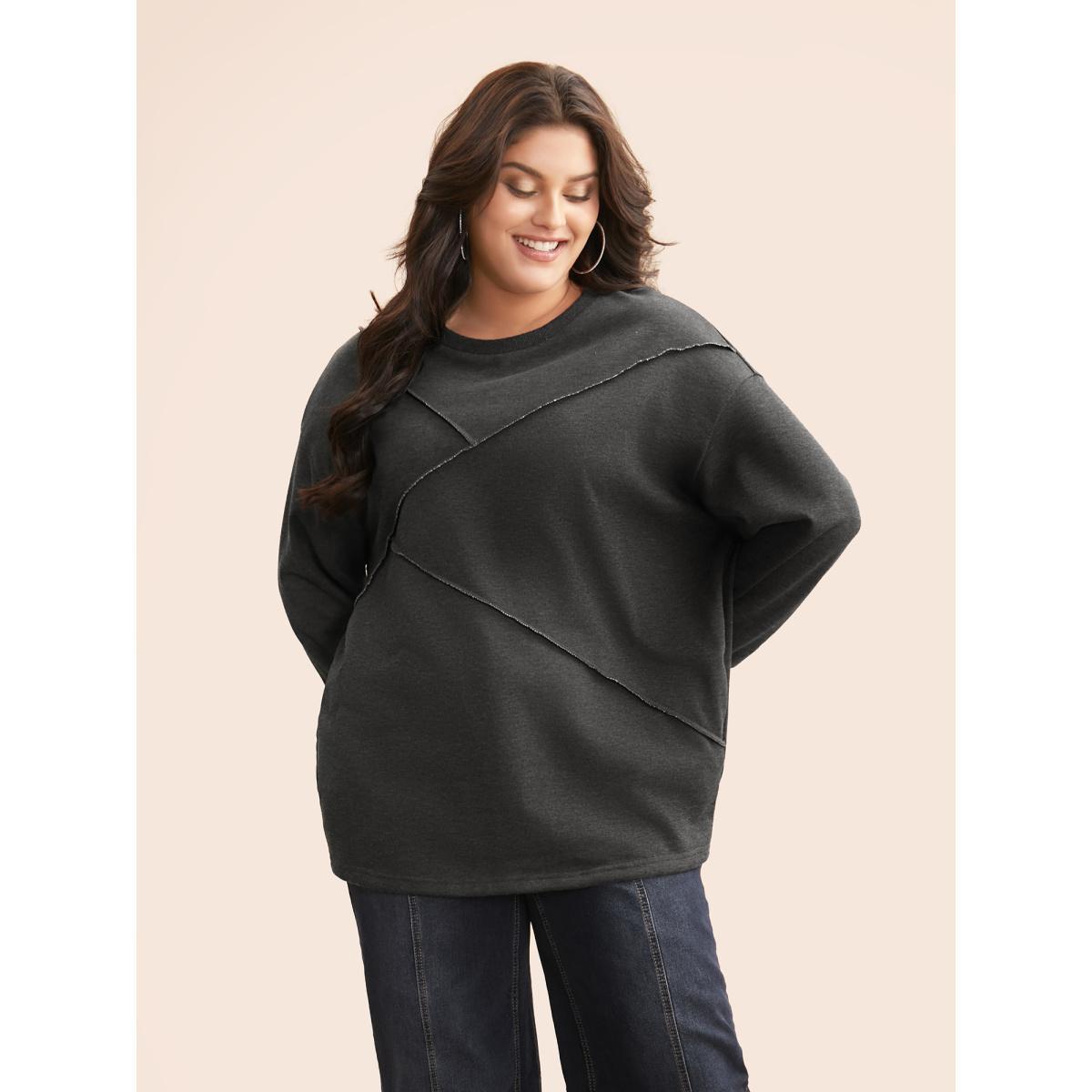 Plus Size Tucked Seam Drop Shoulder Sleeve Sweatshirt Women DimGray Casual Tucked seam Loose Round Neck Everyday Sweatshirts BloomChic 12/L Product Image