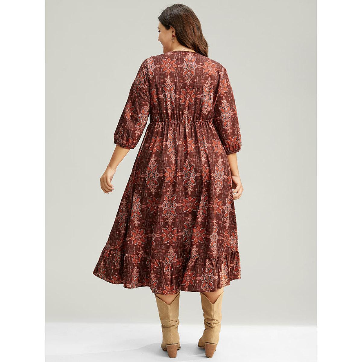 Plus Size Christmas Boho Print Wrap Ruffle Layered Hem Dress Raspberry Women Office Elastic cuffs Overlap Collar Elbow-length sleeve Curvy Midi Dress BloomChic 26/4X Product Image