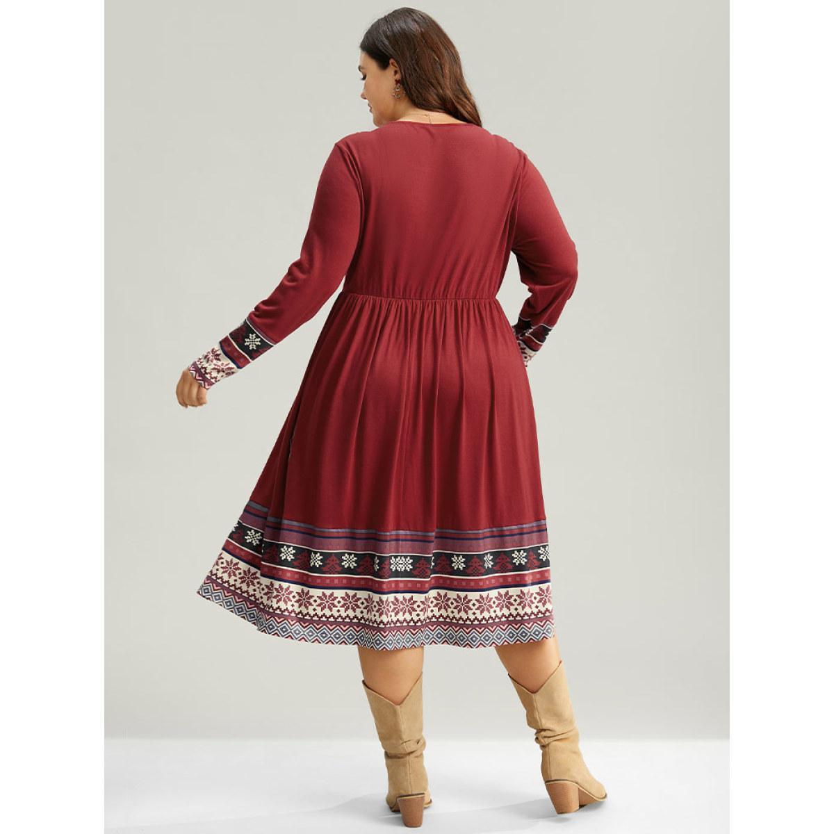 Plus Size Christmas Boho Print Patchwork Elastic Waist Dress Raspberry Women Casual Gathered Round Neck Long Sleeve Curvy Midi Dress BloomChic 10/M Product Image