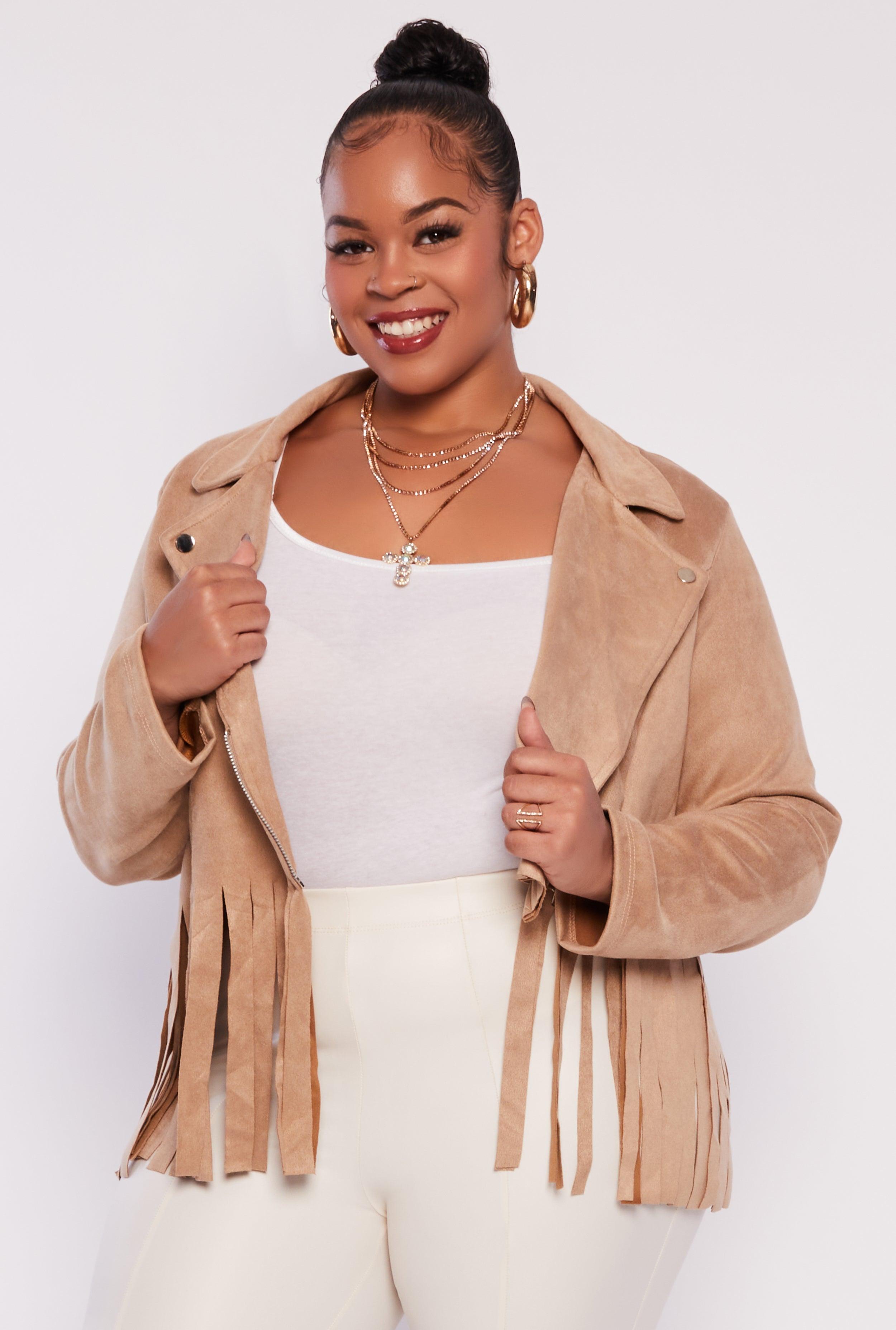 Womens Plus Size Faux Suede Fringe Hem Moto Jacket Product Image