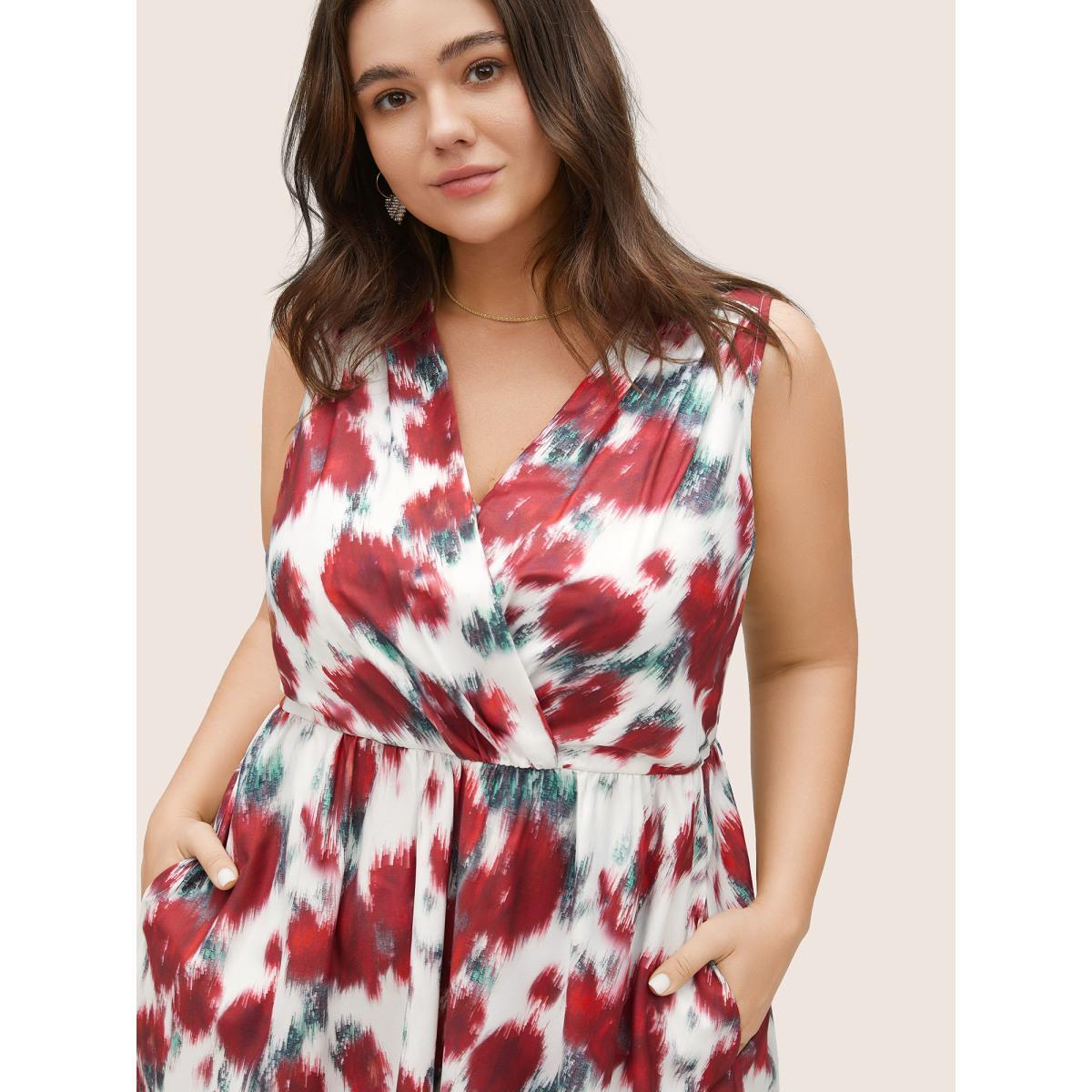 Plus Size Graphic Contrast Pocket Surplice Neck Tank Dress Multicolor Women Elegant Non Overlap Collar Sleeveless Curvy Midi Dress BloomChic 22-24/3X Product Image