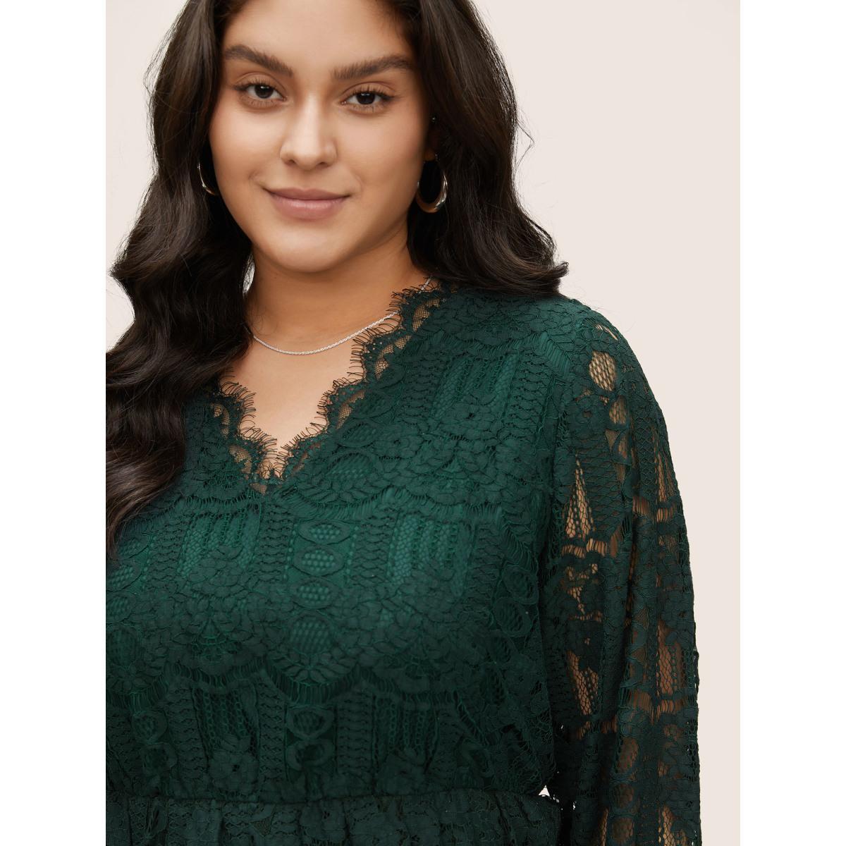 Plus Size DarkGreen Solid Lace Patchwork Elastic Waist Blouse Women Elegant Long Sleeve V-neck Party Blouses BloomChic 14-16/1X Product Image