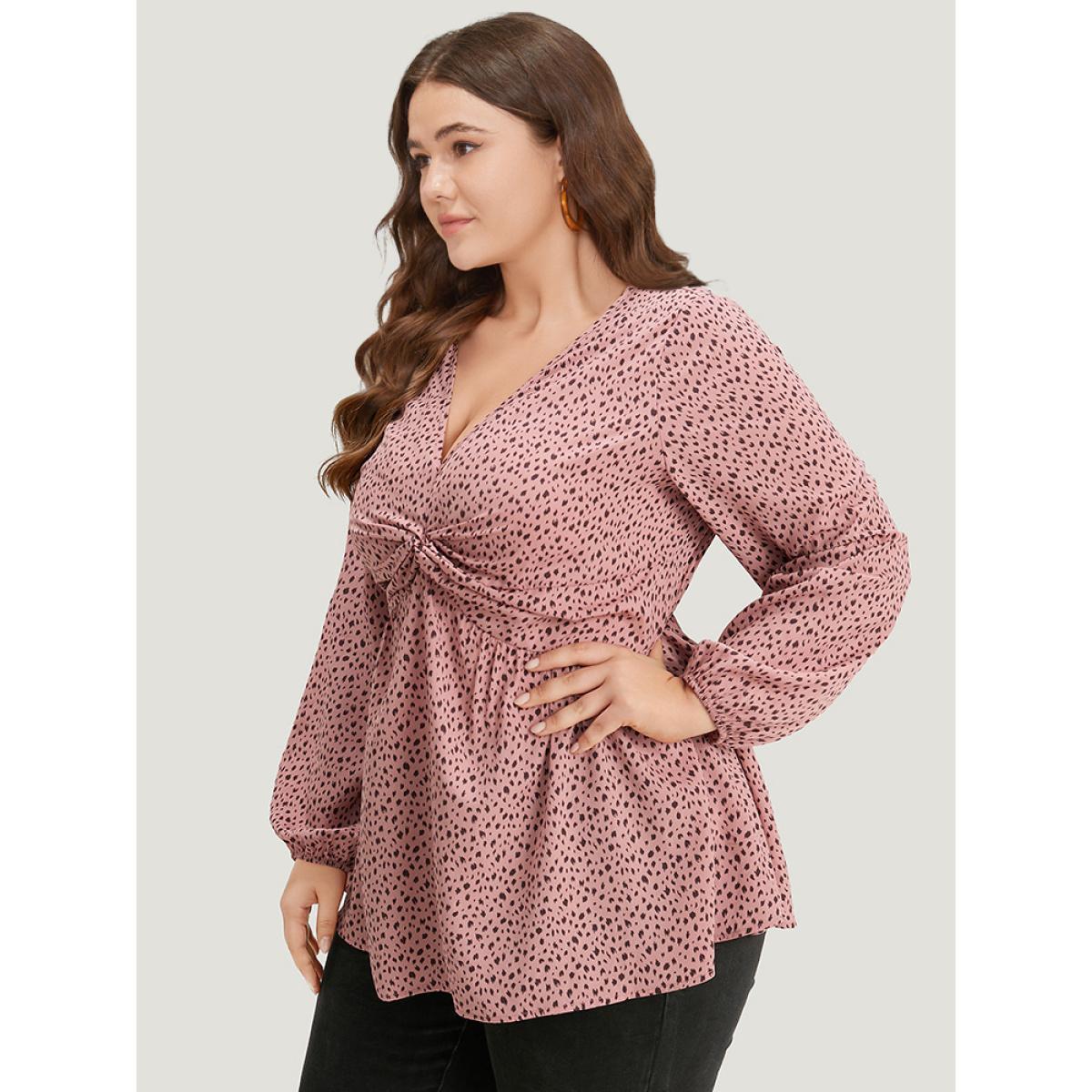 Plus Size Rouge Dot Print Twist Front Gathered V Neck Blouse Women Elegant Long Sleeve V-neck Everyday Blouses BloomChic 10/M Product Image