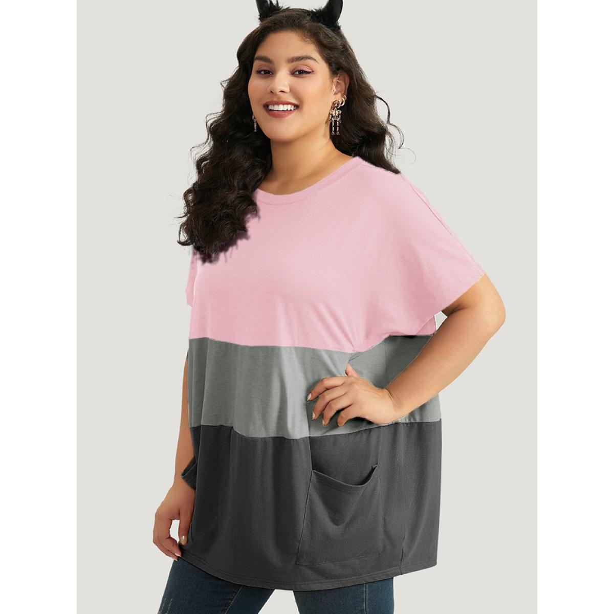 Plus Size Halloween Colorblock Contrast Pocket Crew Neck T-shirt Pink Women Casual Contrast Plain Round Neck Festival-Halloween T-shirts BloomChic 14-16/1X Product Image