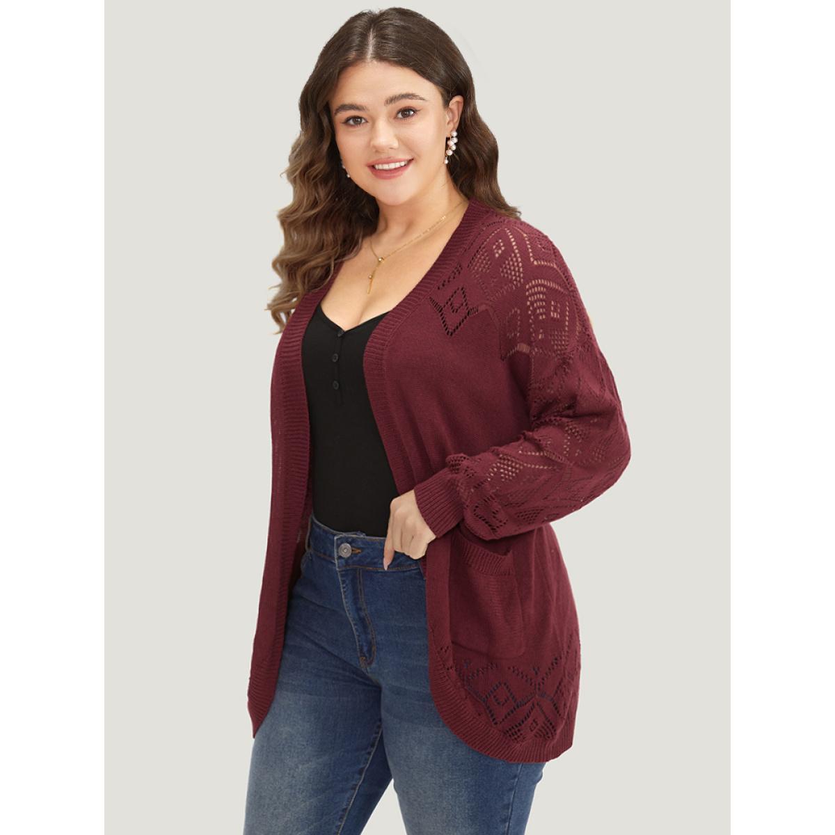 Plus Size Plain Patched Pocket Curved Hem Cardigan Burgundy Women Casual Long Sleeve Dailywear Cardigans BloomChic 22-24/3X Product Image
