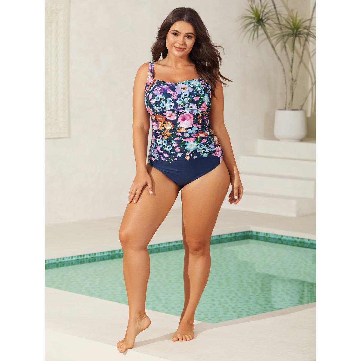 Plus Size Floral Fun Ruched One-Piece Swimsuit Women's Swimwear Indigo Beach Gathered Curve Bathing Suits High stretch One Pieces BloomChic 12/L Product Image