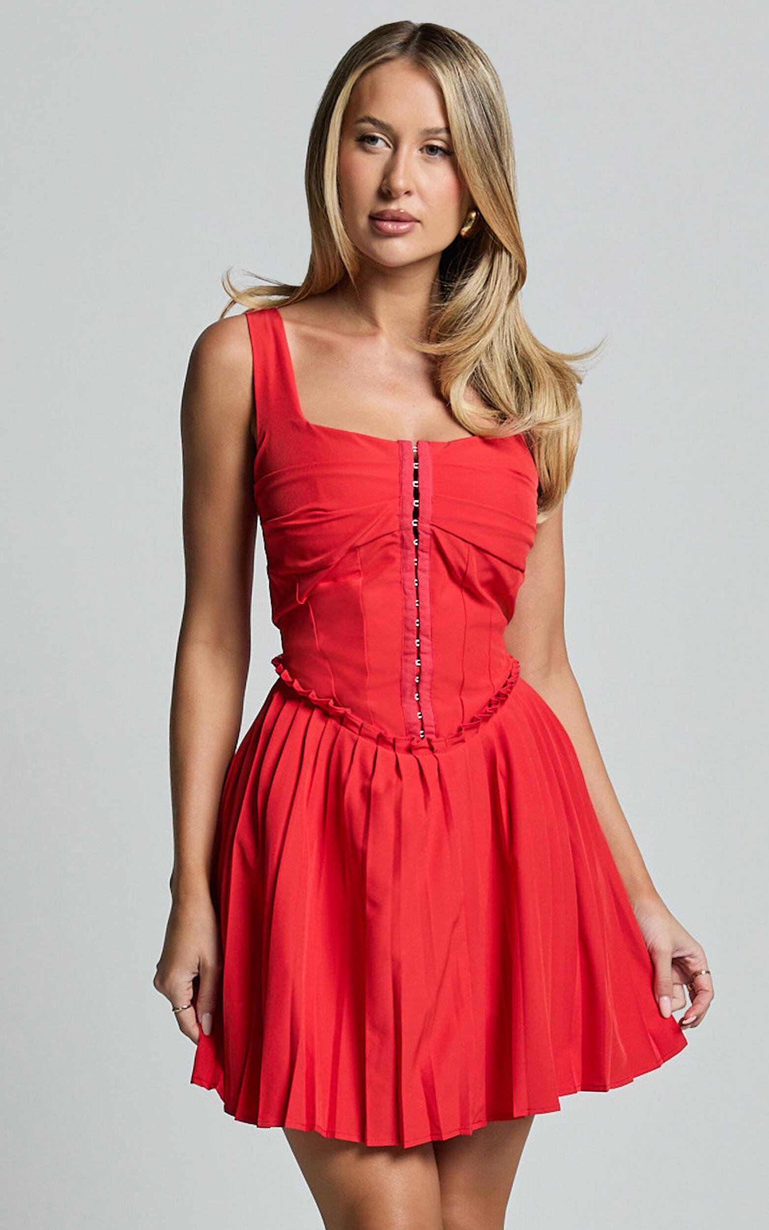 Adana Mini Dress - Fit and Flare Eyelet Corset Detail Mini Dress in Red Product Image