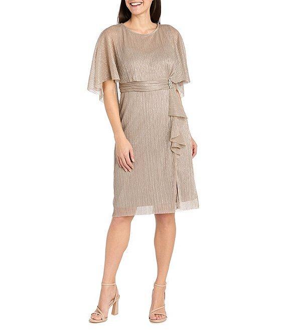 R & M Richards Crew Neck Short Sleeve Capelet Cascade Ruffle Sheath Dress Product Image