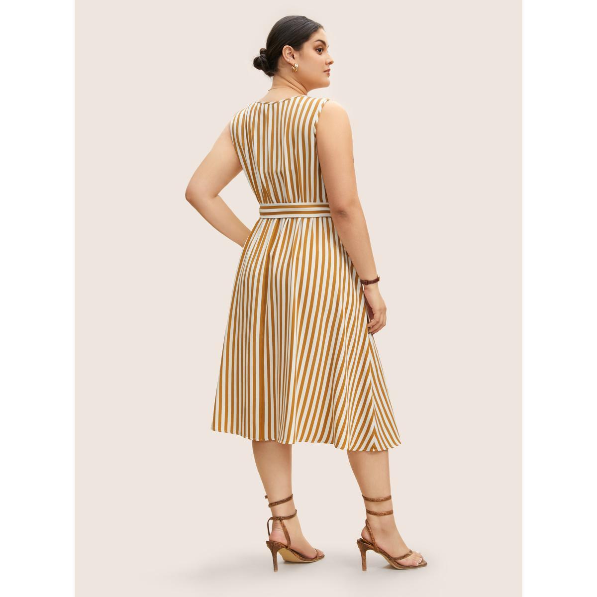 Plus Size Striped Sleeveless Button Detail Belted Midi Dress Wheat Women Work From Home Belted Round Neck Sleeveless Curvy BloomChic 30/6X Product Image