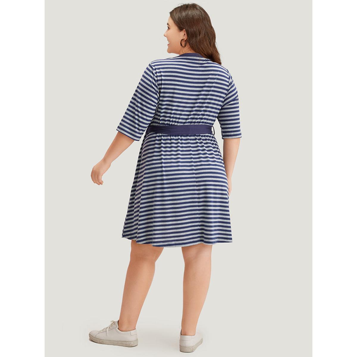 Plus Size Striped Pocket Button Up Belted Crew Neck Dress Indigo Women Casual Belted Round Neck Half Sleeve Curvy Midi Dress BloomChic 18-20/2X Product Image