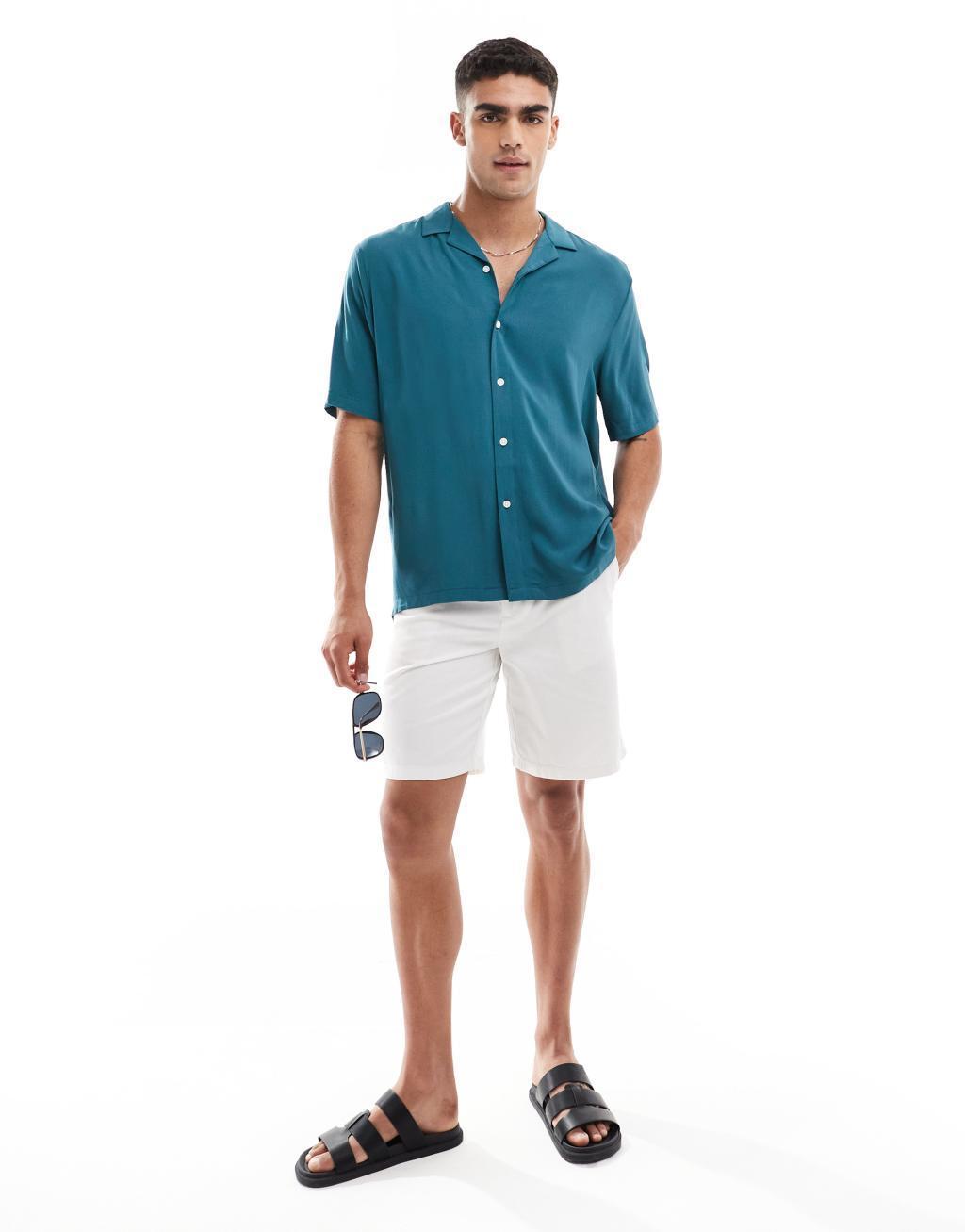 ASOS DESIGN relaxed fit viscose shirt with revere collar in dark teal Product Image