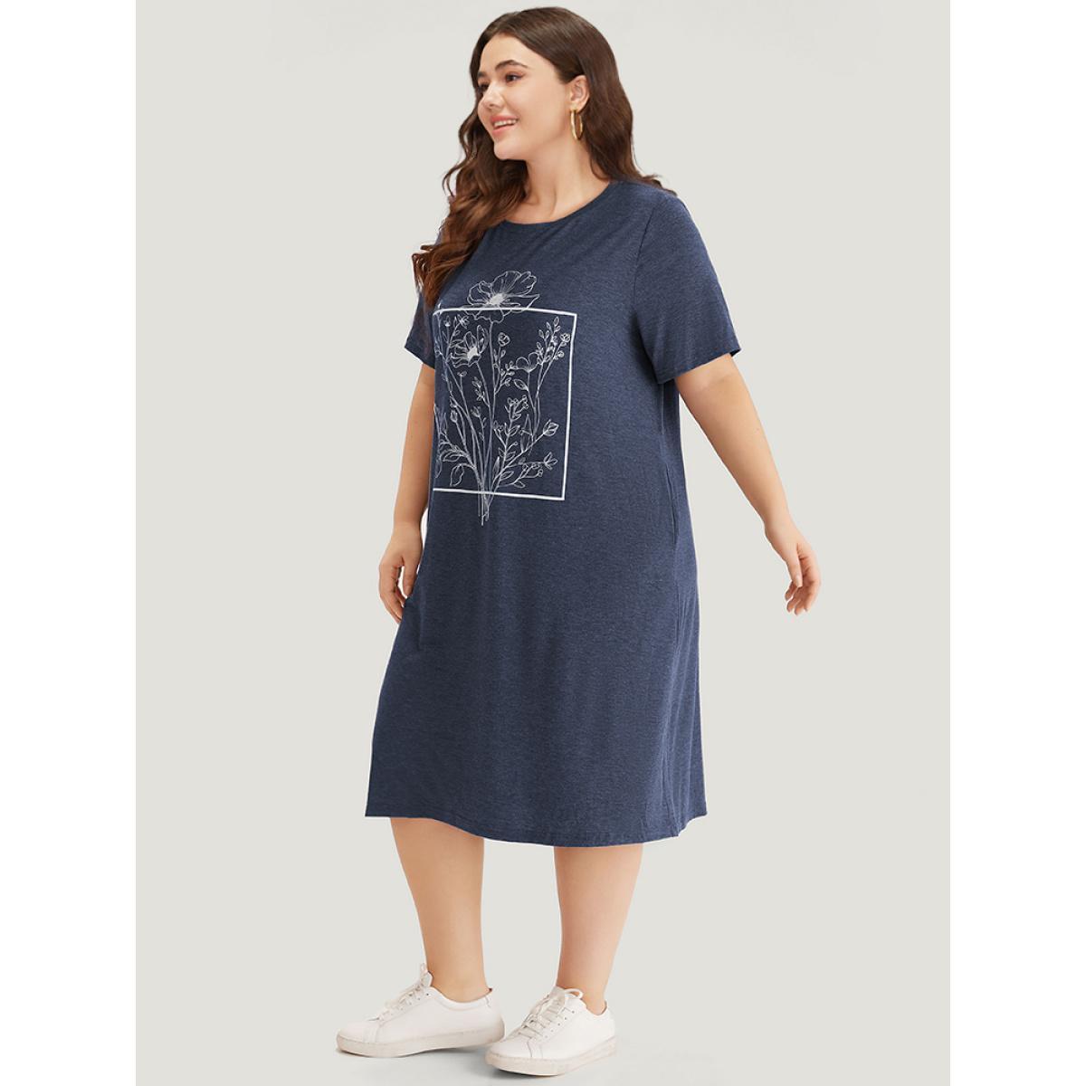 Plus Size Supersoft Essentials Floral Print Pocket Round Neck Dress Indigo Women Casual Plain Curvy Midi Dress BloomChic 30/6X Product Image