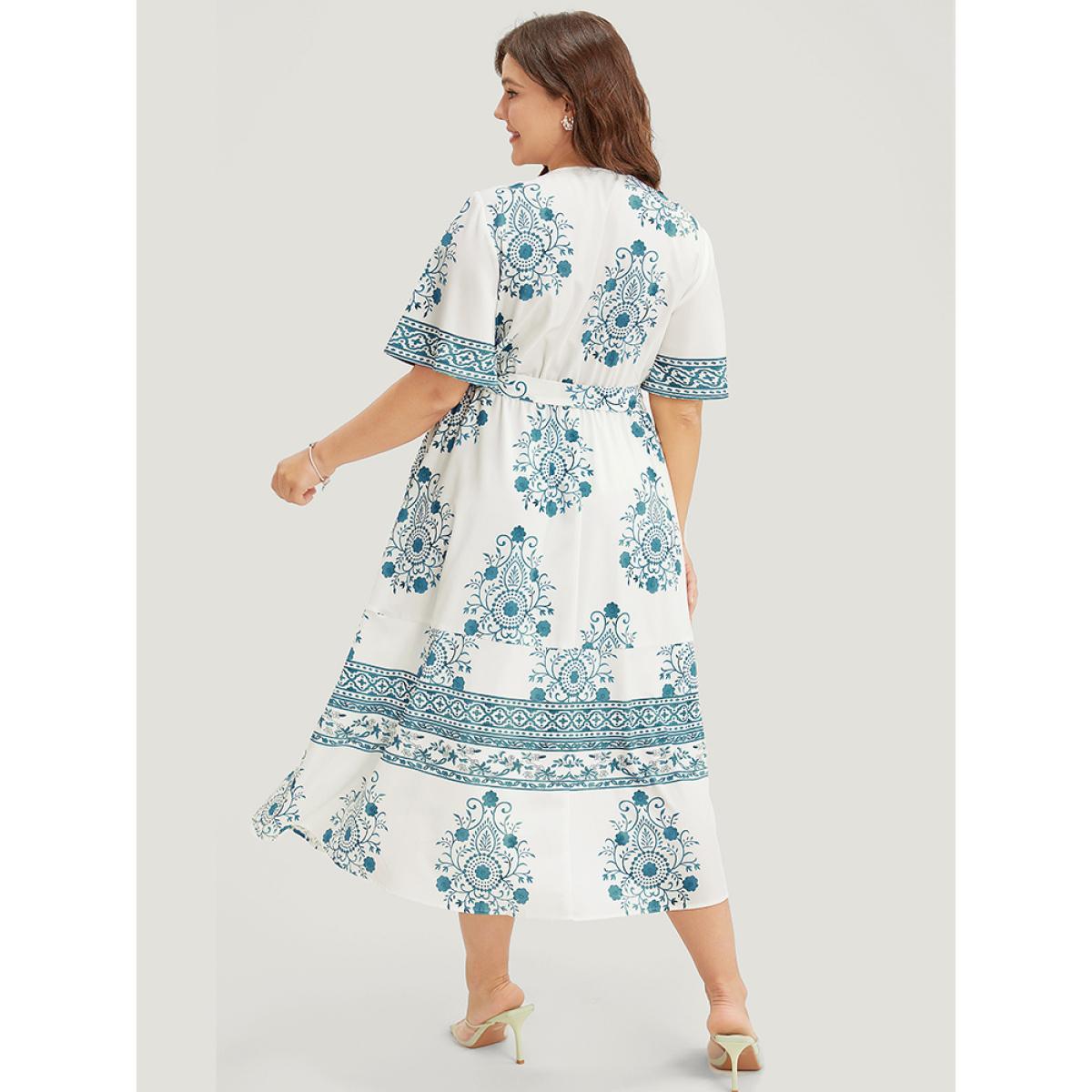 Plus Size Bandana Print Ruffle Sleeve Pocket Belted Midi Dress Cerulean Women Vacation Lined V-neck Short sleeve Curvy Midi Dress BloomChic 28/5X Product Image