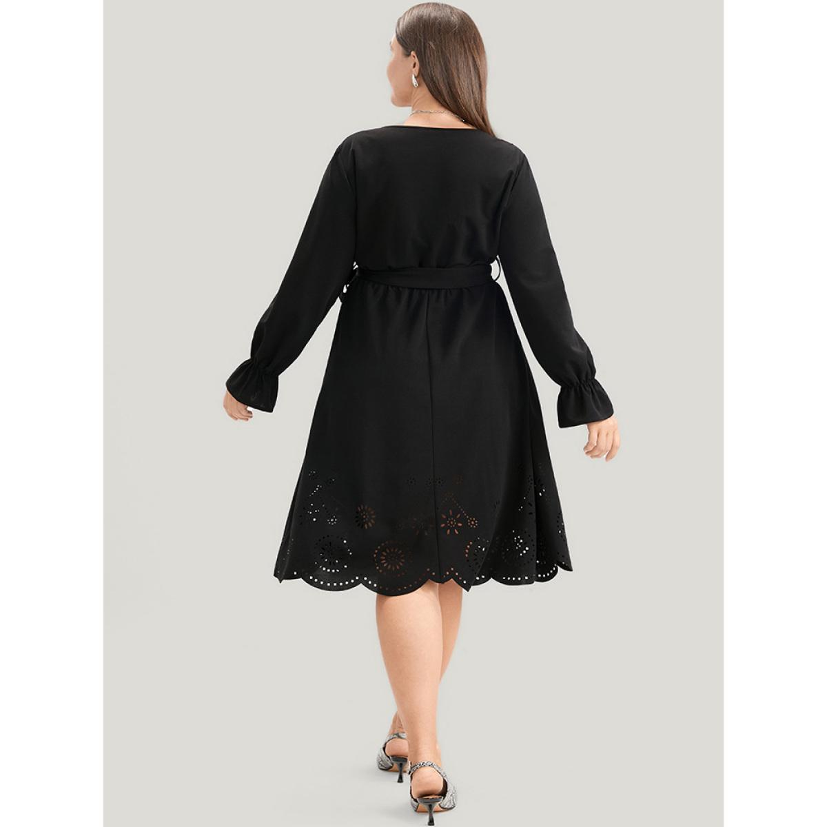 Plus Size Solid Wrap Pocket Belted Laser Cut Knee Dress Black Women Elegant Plain V-neck Long Sleeve Curvy Knee Dress BloomChic 26/4X Product Image