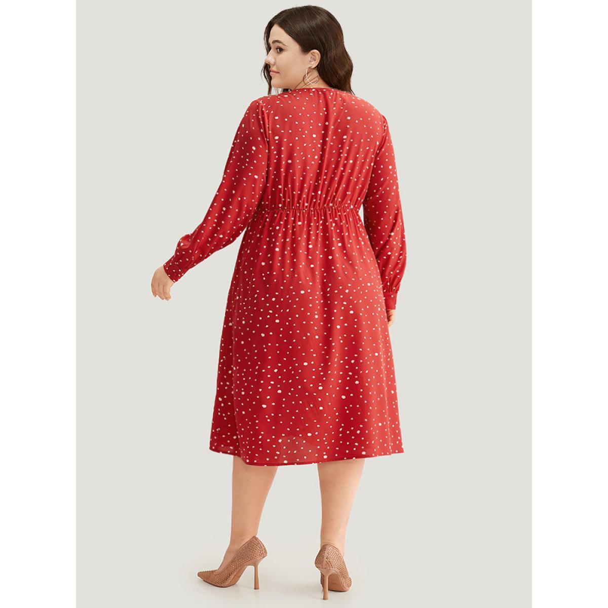 Plus Size Polka Dot Button Detail Pleated Dress Crimson Women Elegant Printed V-neck Long Sleeve Curvy Midi Dress BloomChic 10/M Product Image