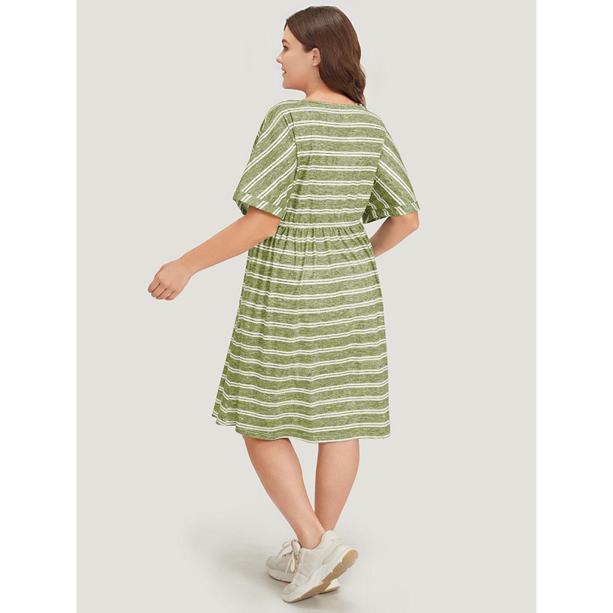 Plus Size Striped Ties Pocket Roll sleeve Dress LightGreen Women Casual Cross straps V-neck Short sleeve Curvy Midi Dress BloomChic 26/4X Product Image