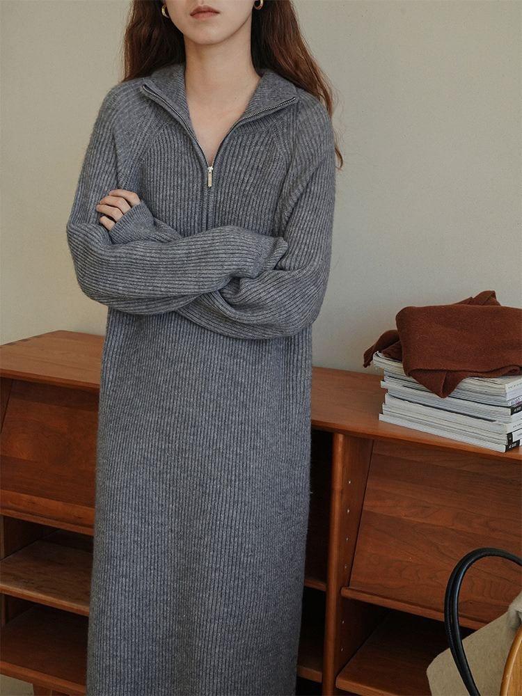 Long Sleeve Stand Collar Plain Half Zip Ribbed Midi Shift Sweater Dress Product Image