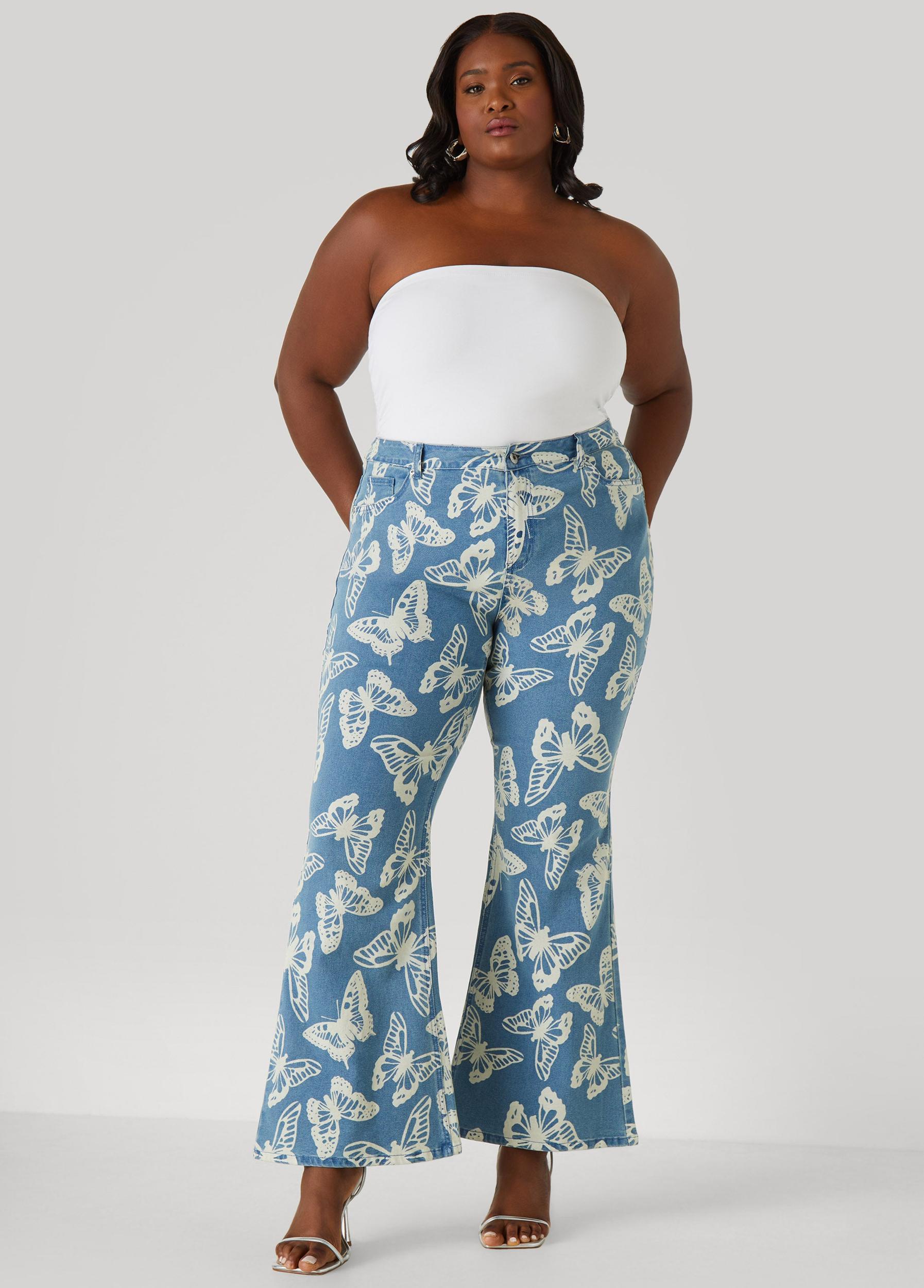 Butterfly Print Flared Jeans Product Image