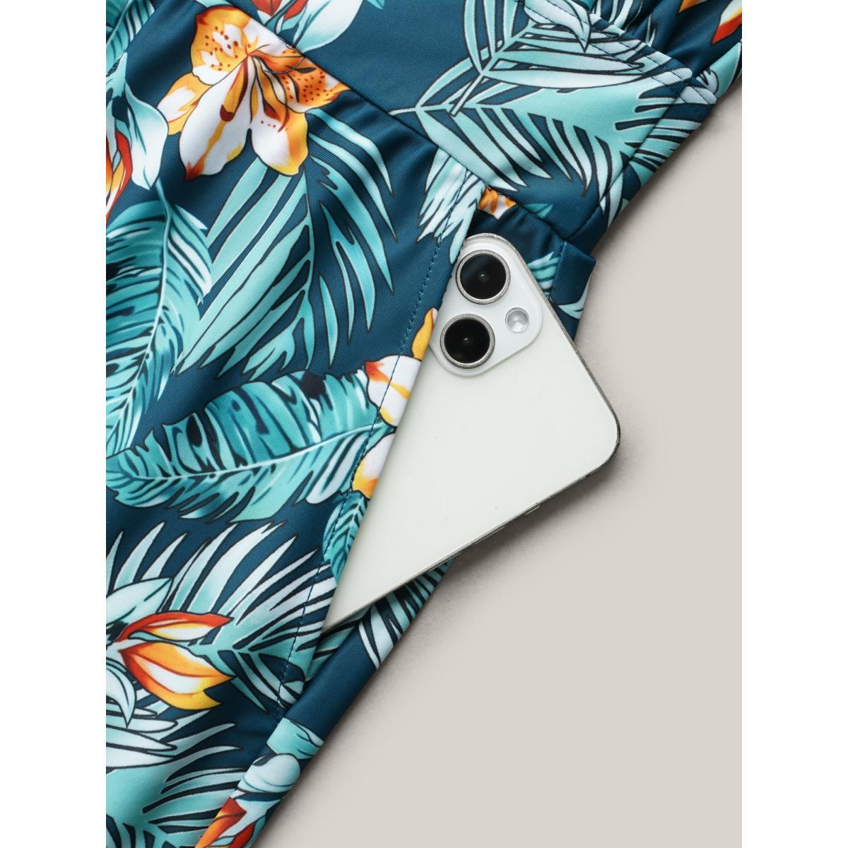 Plus Size Tropical Flower Print Pockets One-Piece Swimsuit Women's Swimwear DarkBlue Beach Gathered Curve Bathing Suits High stretch One Pieces BloomChic 10/M Product Image