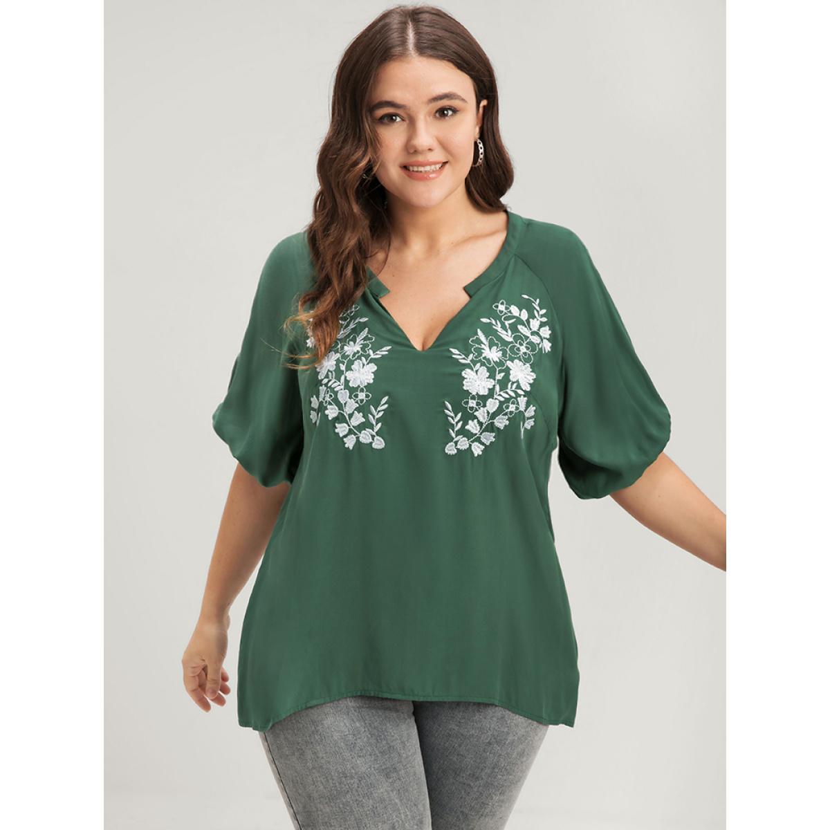 Plus Size Green Floral Embroidered Puff Sleeve V Neck Blouse Women Elegant Half Sleeve V-neck Dailywear Blouses BloomChic 22-24/3X Product Image