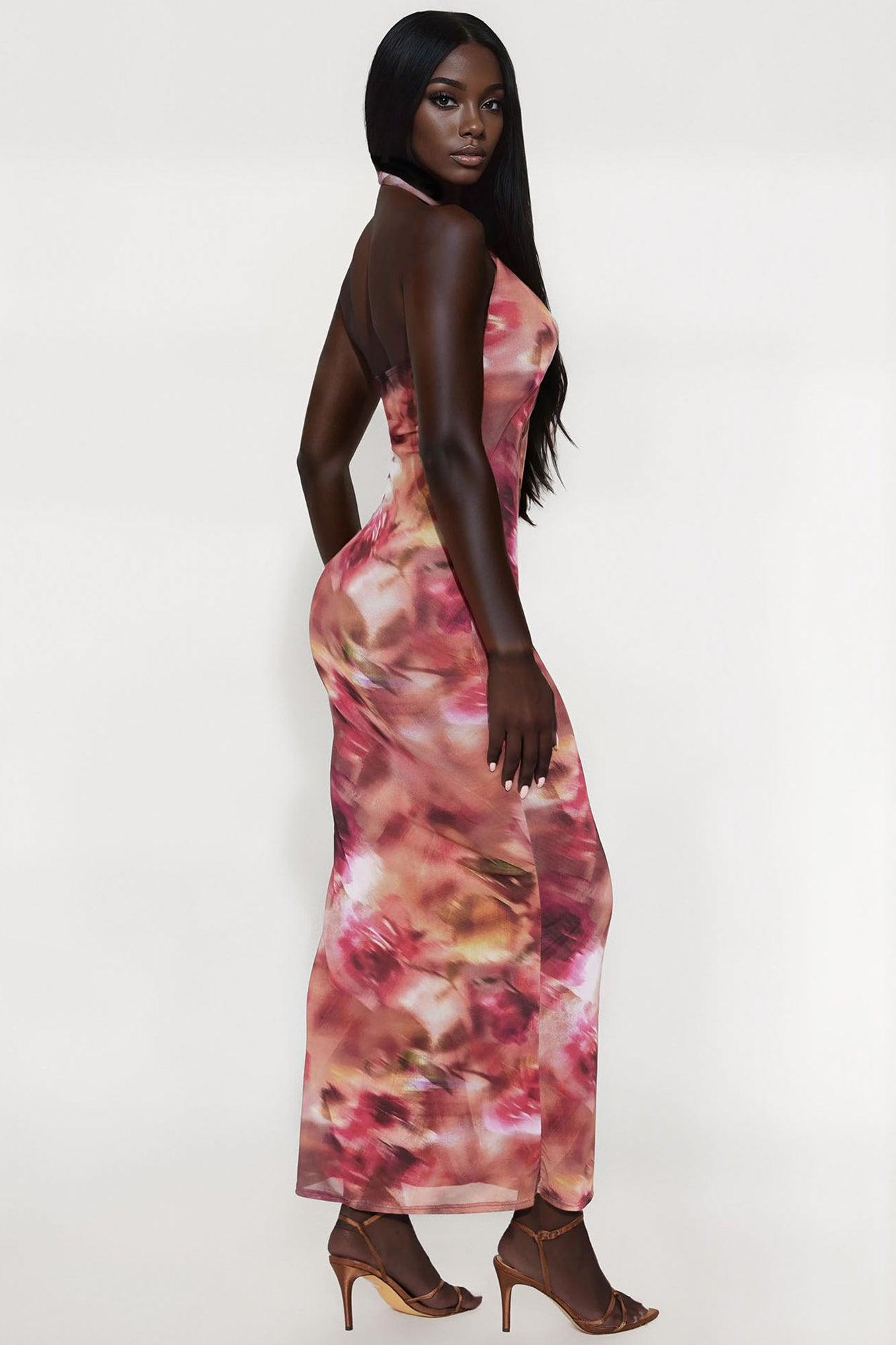 Kaya Mesh Abstract Maxi Dress - Pink/combo Product Image