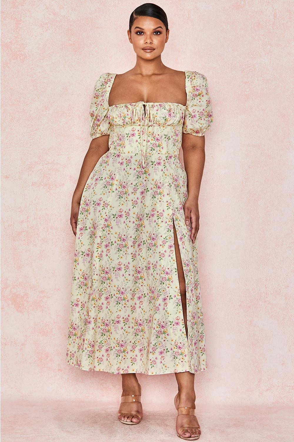 Tallulah Lemon Floral Puff Sleeve Midi Sundress Product Image