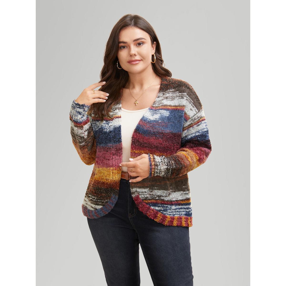 Plus Size Ombre Open Front Curved Hem Cardigan Multicolor Women Casual Loose Long Sleeve Everyday Cardigans BloomChic 12/L Product Image