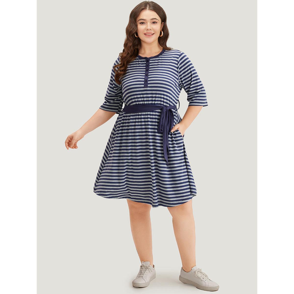 Plus Size Striped Pocket Button Up Belted Crew Neck Dress Indigo Women Casual Belted Round Neck Half Sleeve Curvy Midi Dress BloomChic 18-20/2X Product Image