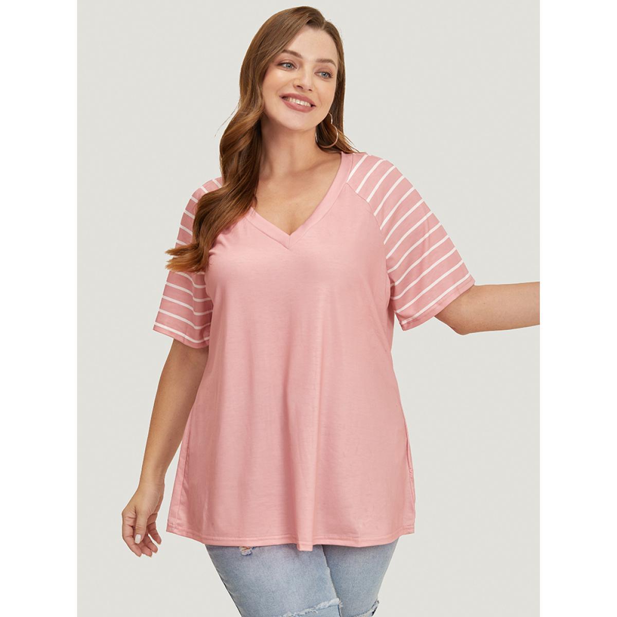 Plus Size Striped Contrast Raglan Sleeve V Neck T-shirt Crepe Women Casual Patchwork Striped V-neck Dailywear T-shirts BloomChic 28/5X Product Image