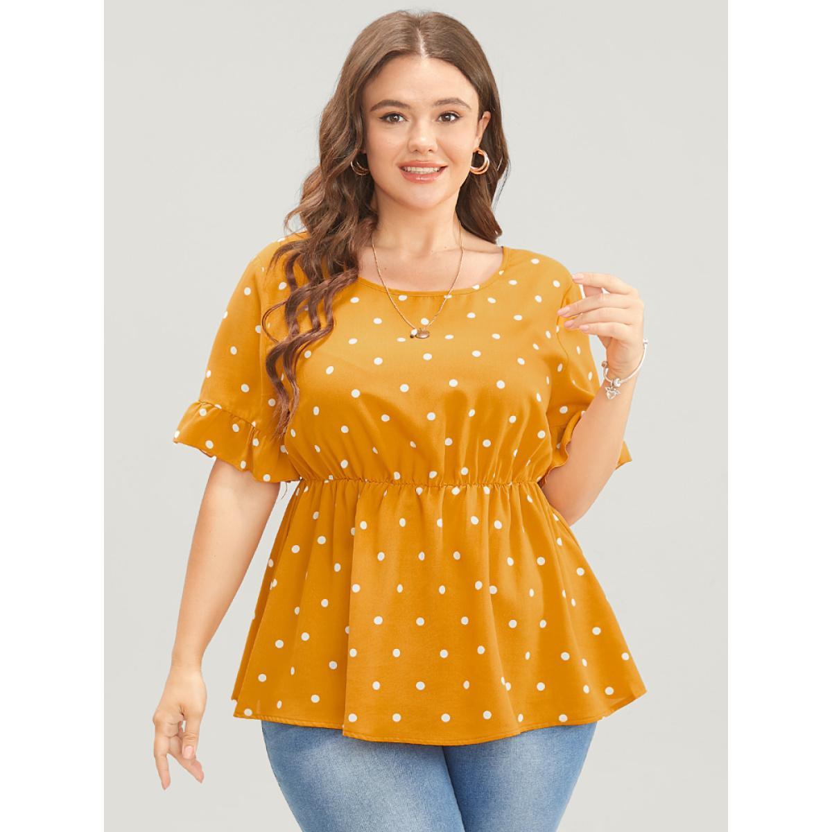 Plus Size Orange Polka Dot Crisscross Back Ruffles Trim T-shirt Women Elegant Short sleeve Round Neck Dailywear Blouses BloomChic 14-16/1X Product Image