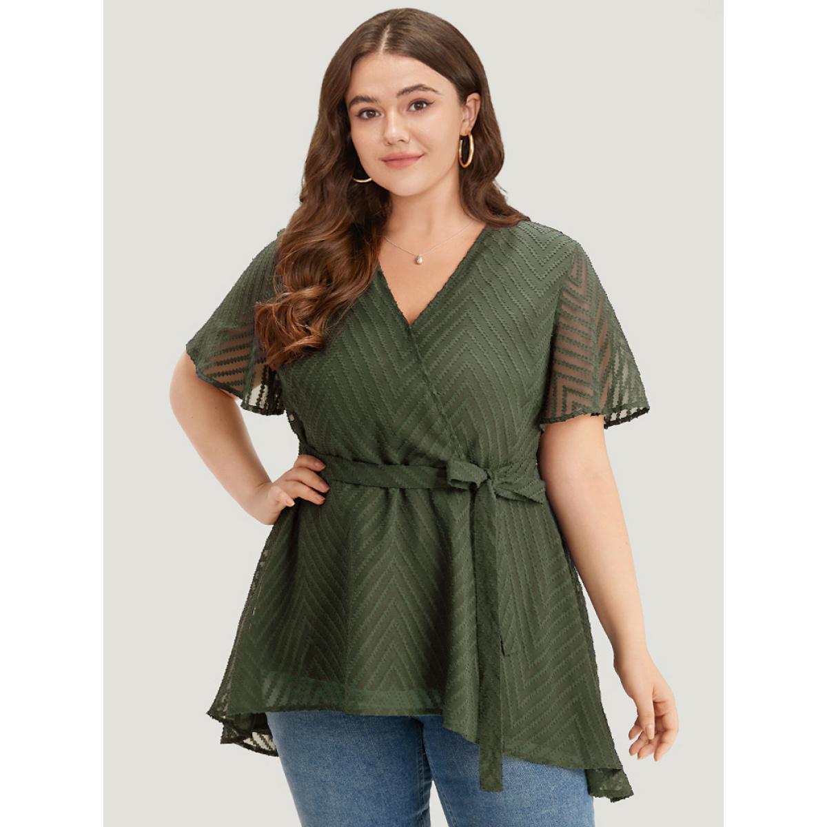 Plus Size ArmyGreen Plain Textured Belted Wrap Mesh Flutter Sleeve Blouse Women Elegant Short sleeve V-neck Dailywear Blouses BloomChic 26/4X Product Image