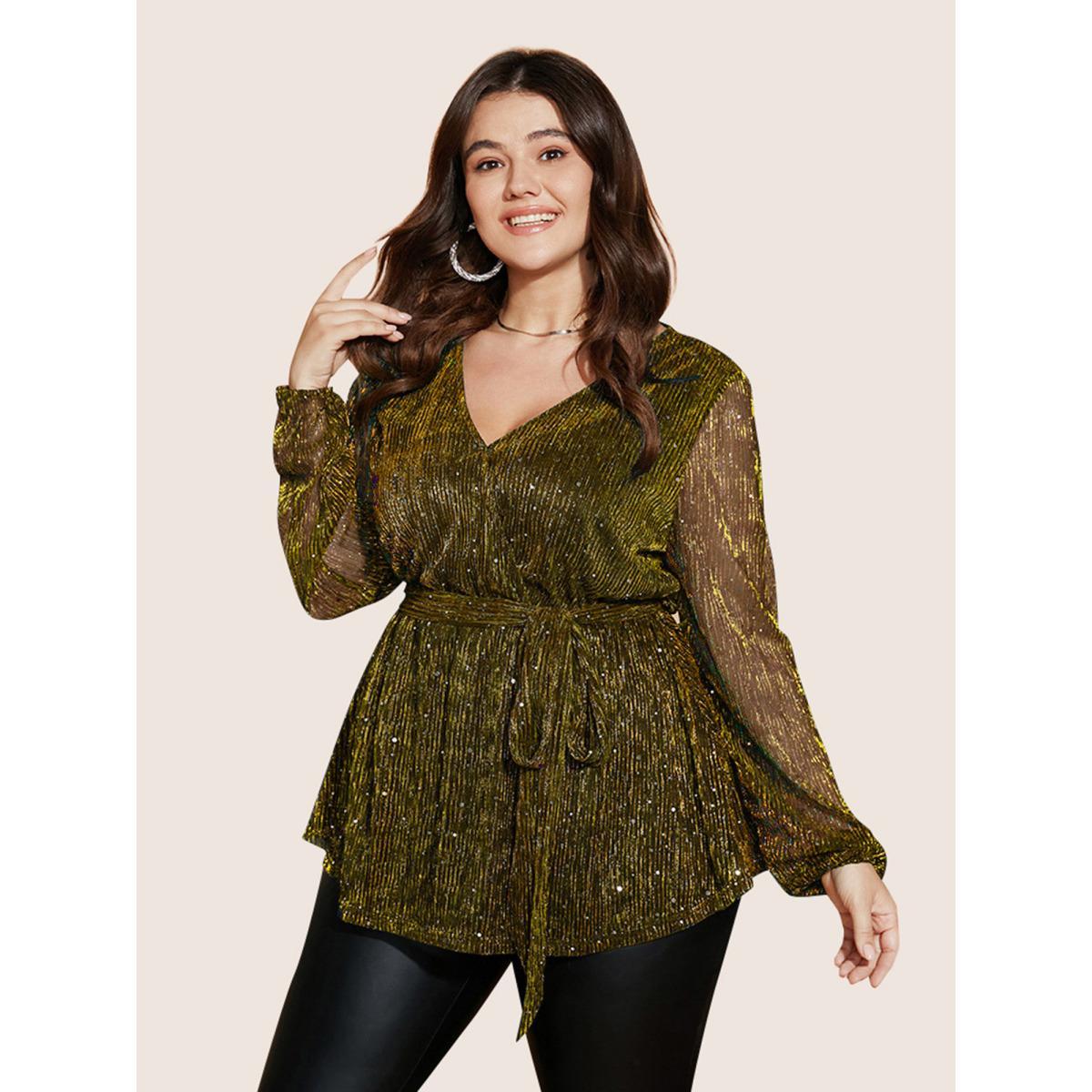 Plus Size Gold Sequin Mesh Lantern Sleeve Wrap Belted Striped Blouse Women Cocktail Long Sleeve Overlap Collar Party Blouses BloomChic 28/5X Product Image