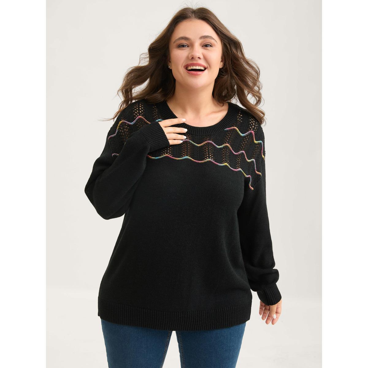 Plus Size Ripple Textured Sheer Neck Backless Pullover Black Women Loose Long Sleeve Round Neck Everyday-Casual Pullovers BloomChic 18-20/2X Product Image