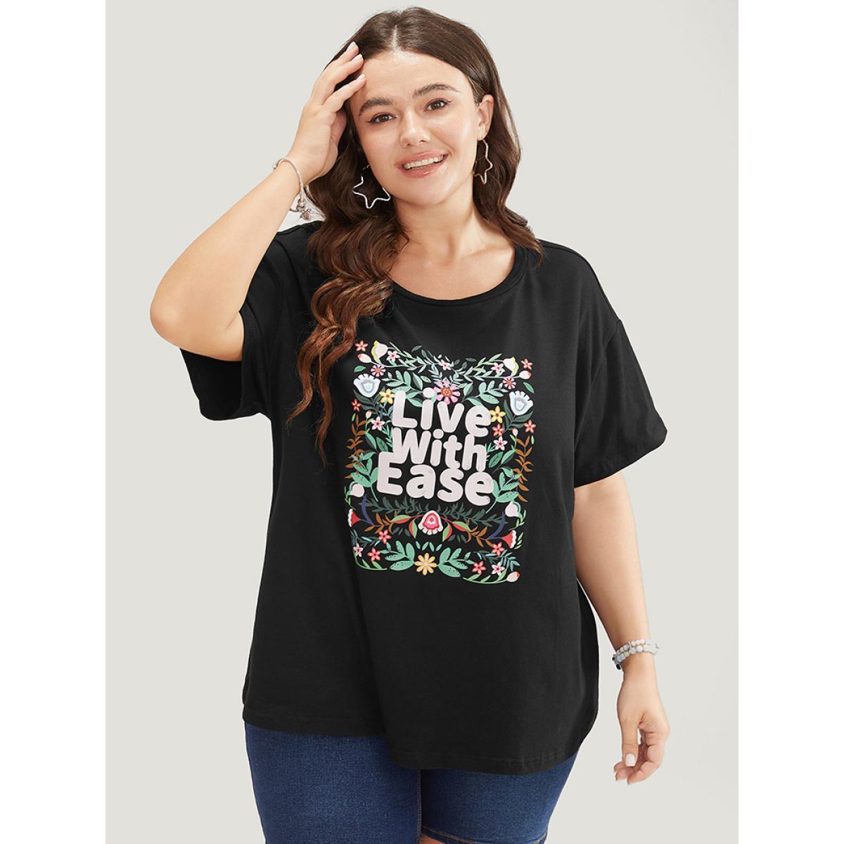 Plus Size Floral & Slogan Print Slightly Stretchy Casual T-shirt Black Women Casual Plain Natural Flowers Dailywear T-shirts BloomChic 10/M Product Image